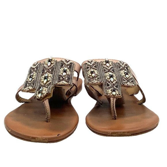 ANTHROPOLOGIE Embellished Beaded Boho Thong Leather Sandals 39 8.5 Pink Brown - Picture 6 of 11